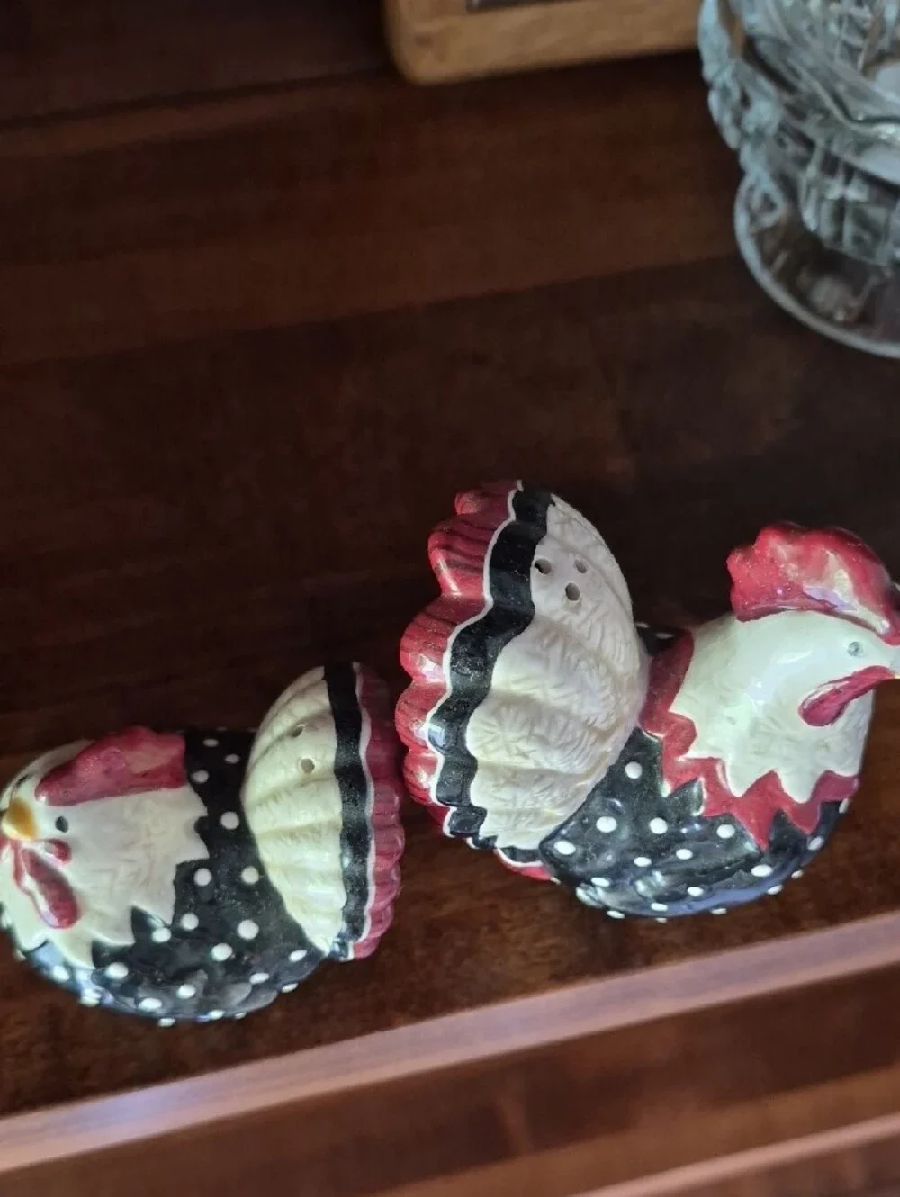 Polka Dot Ceramic Rooster Salt & Pepper Shakers - Black, White, Red